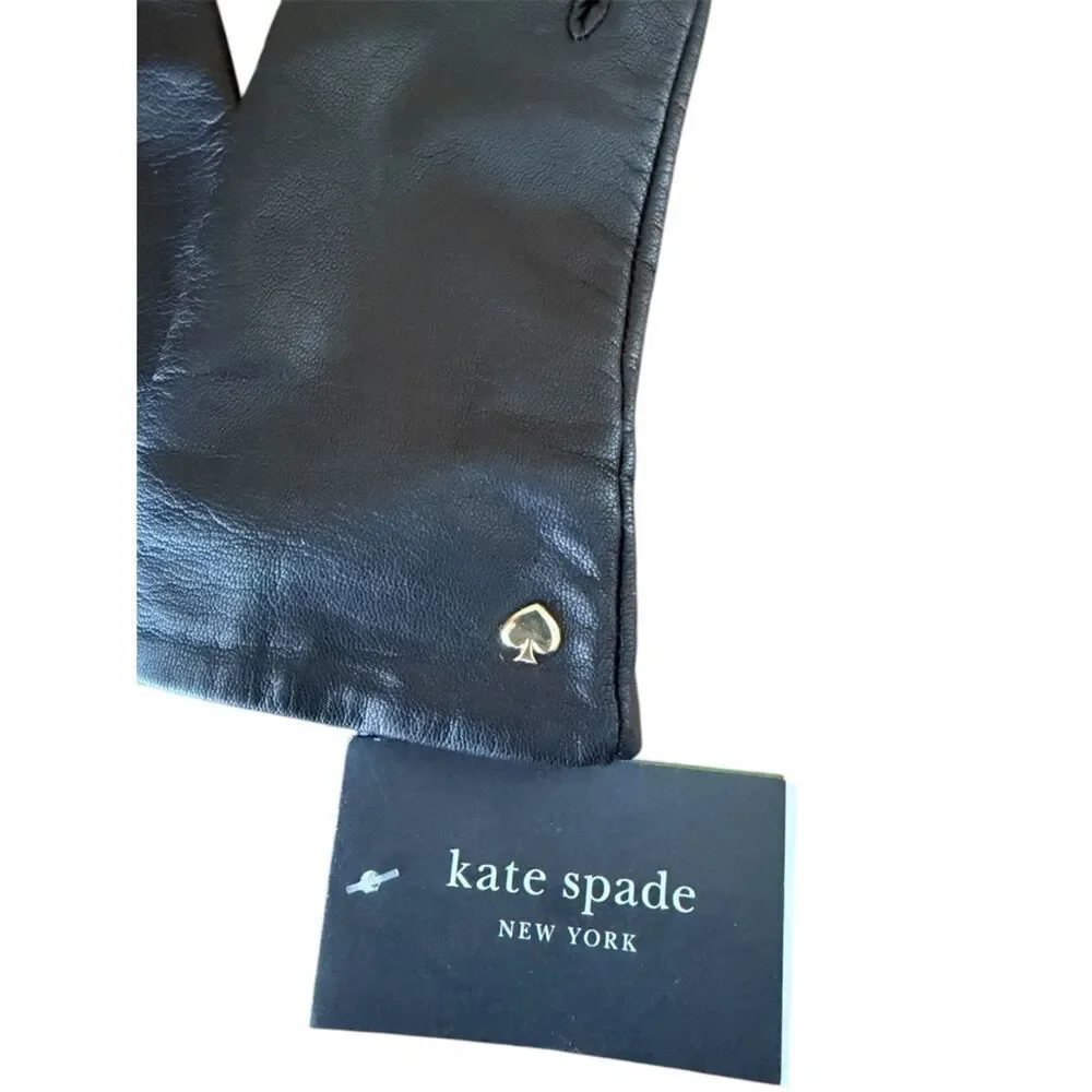 Kate Spade Black Leather Gloves w/Gold Spade Charm Medium Touch Technology